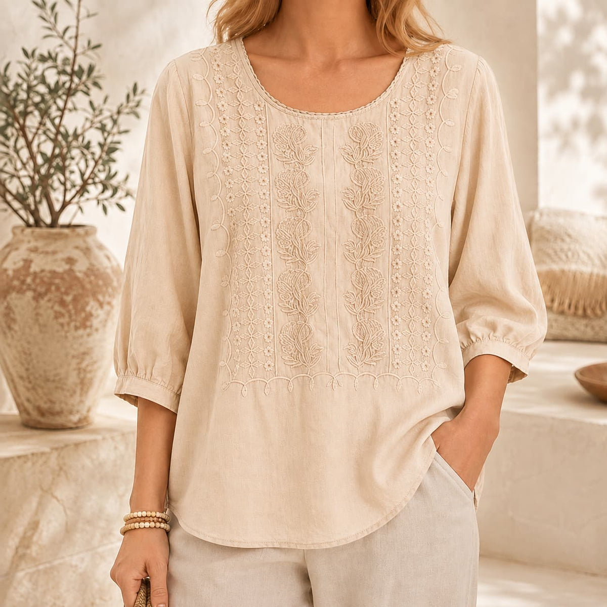 Linen Blouses for Women – 3/4 Sleeve Boho Embroidered Tops
