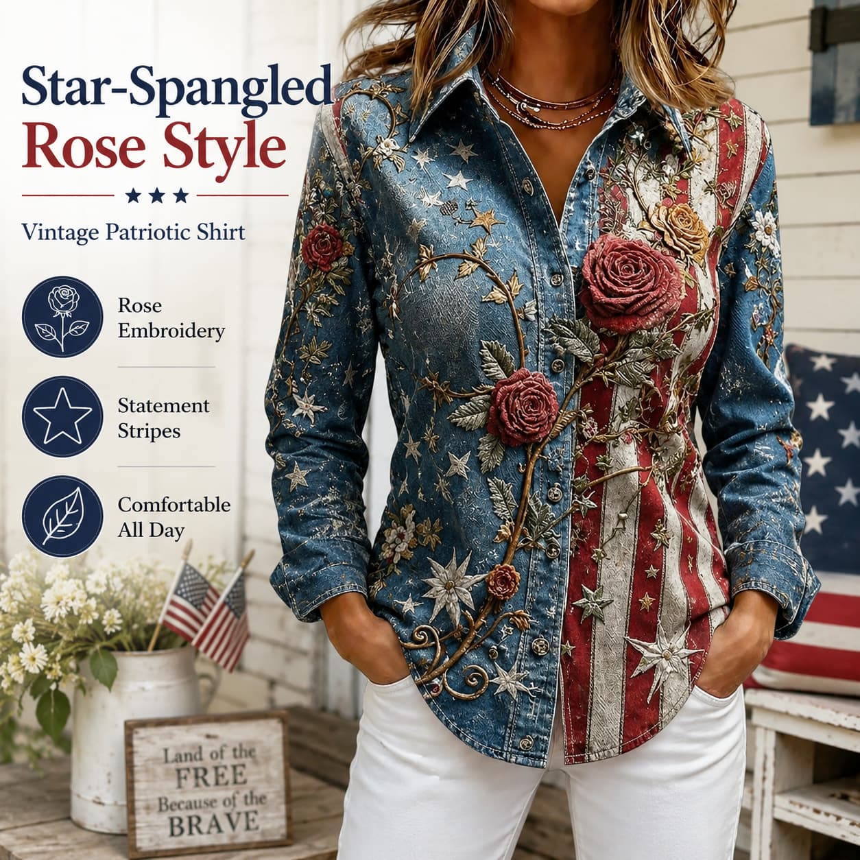 USA 250th Anniversary Embroidered Floral Long‑Sleeve Shirt for Women