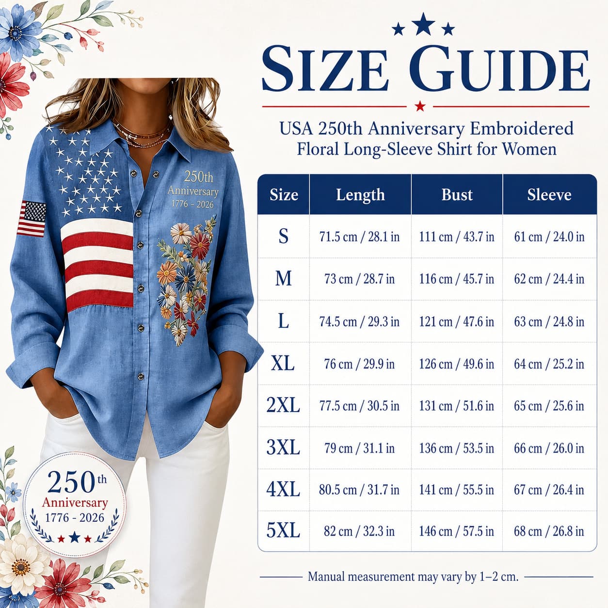 USA 250th Anniversary Embroidered Floral Long‑Sleeve Shirt for Women