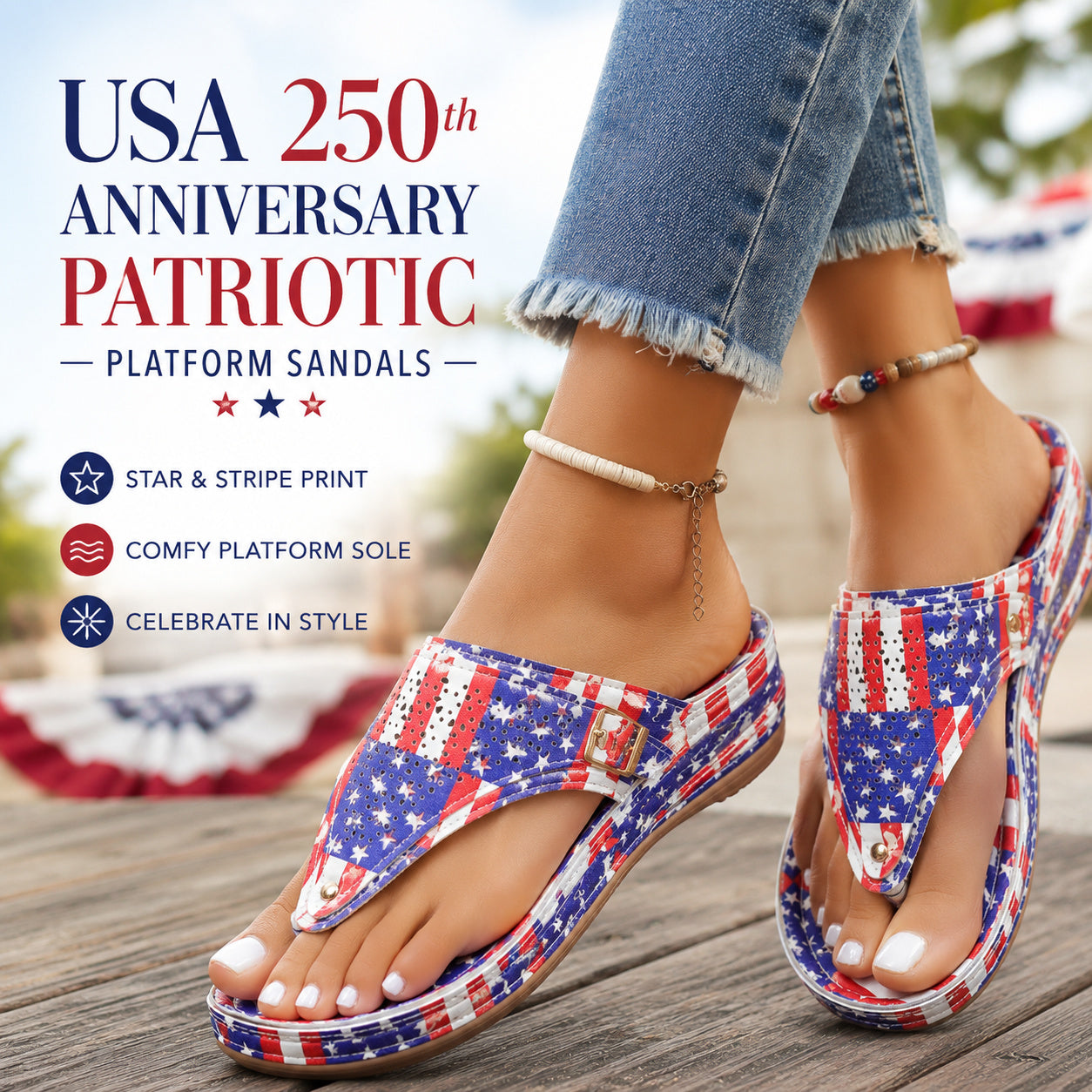 USA 250th Anniversary Patriotic Platform Sandals with Star & Stripe Print
