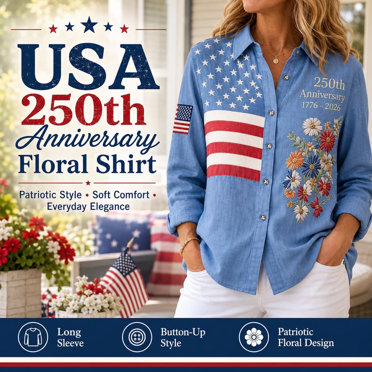 USA 250th Anniversary Embroidered Floral Long‑Sleeve Shirt for Women