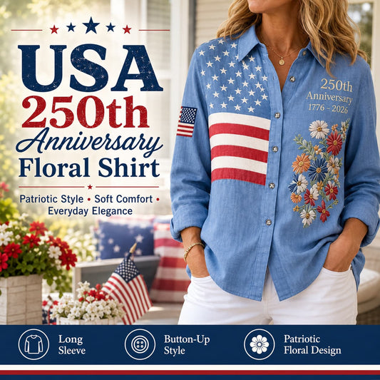 USA 250th Anniversary Embroidered Floral Long‑Sleeve Shirt for Women