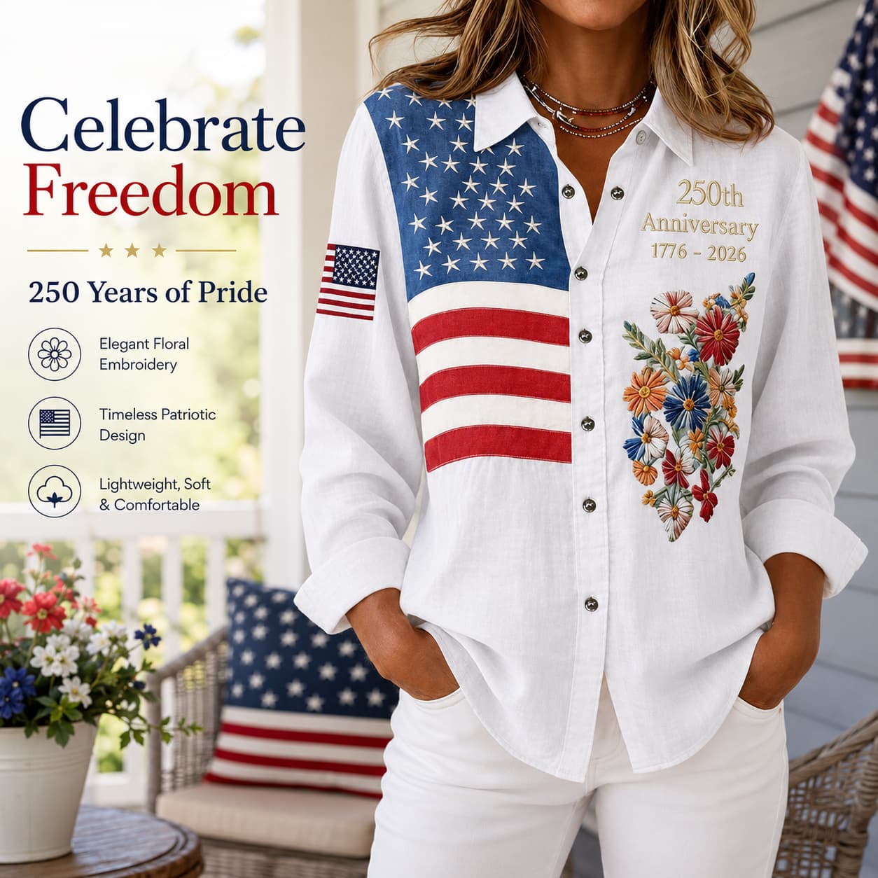USA 250th Anniversary Embroidered Floral Long‑Sleeve Shirt for Women