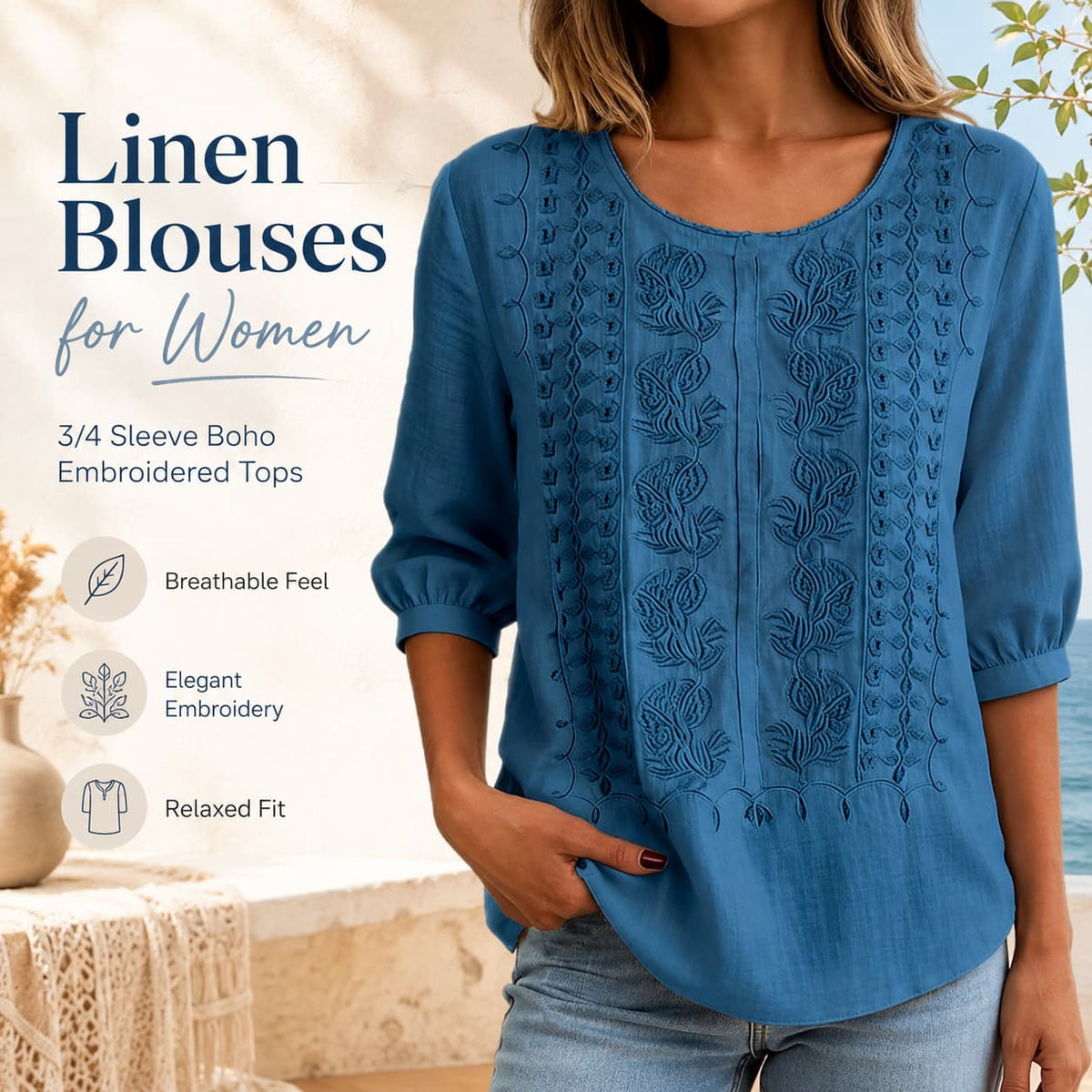 Linen Blouses for Women – 3/4 Sleeve Boho Embroidered Tops