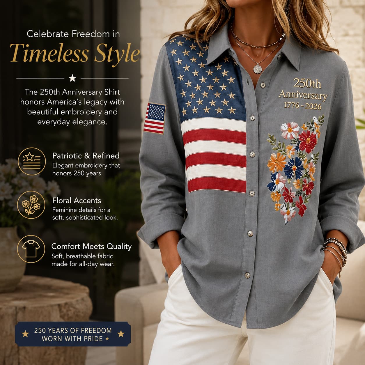 USA 250th Anniversary Embroidered Floral Long‑Sleeve Shirt for Women