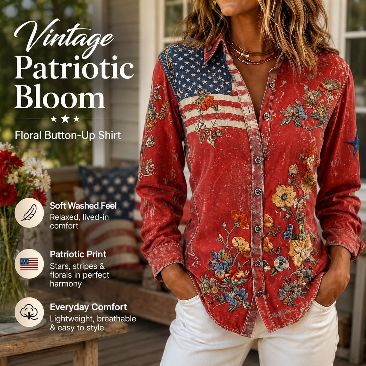 USA 250th Anniversary Embroidered Floral Long‑Sleeve Shirt for Women
