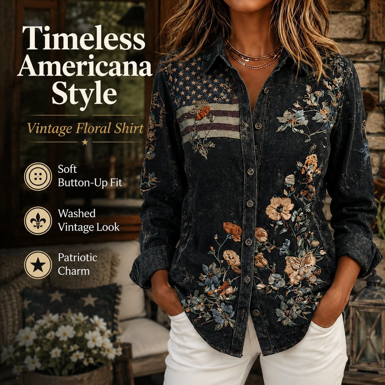 USA 250th Anniversary Embroidered Floral Long‑Sleeve Shirt for Women