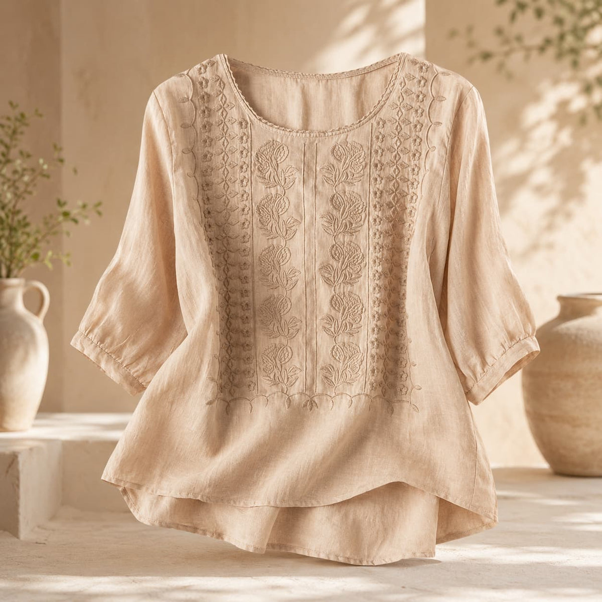 Linen Blouses for Women – 3/4 Sleeve Boho Embroidered Tops
