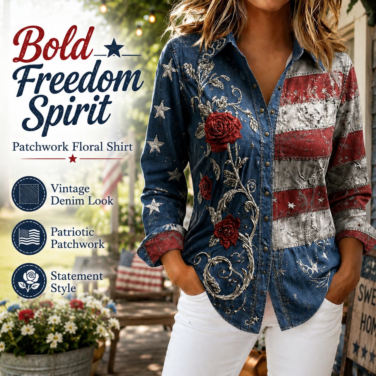 USA 250th Anniversary Embroidered Floral Long‑Sleeve Shirt for Women