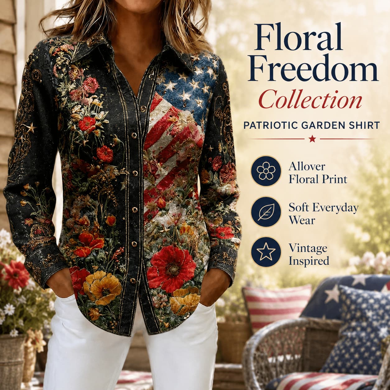USA 250th Anniversary Embroidered Floral Long‑Sleeve Shirt for Women