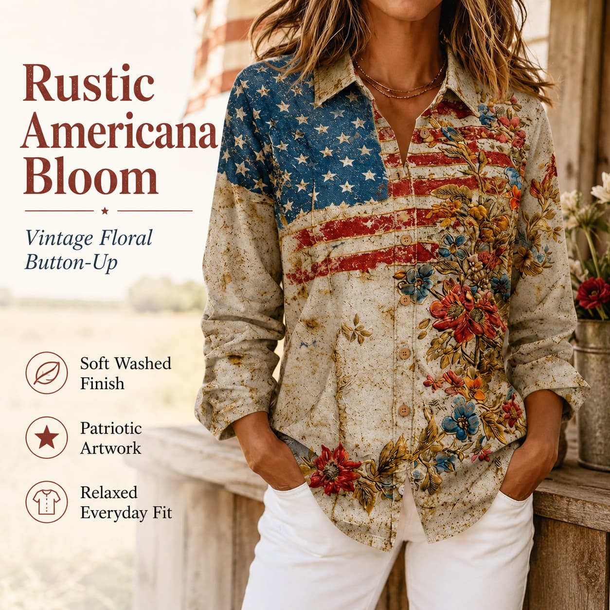 USA 250th Anniversary Embroidered Floral Long‑Sleeve Shirt for Women