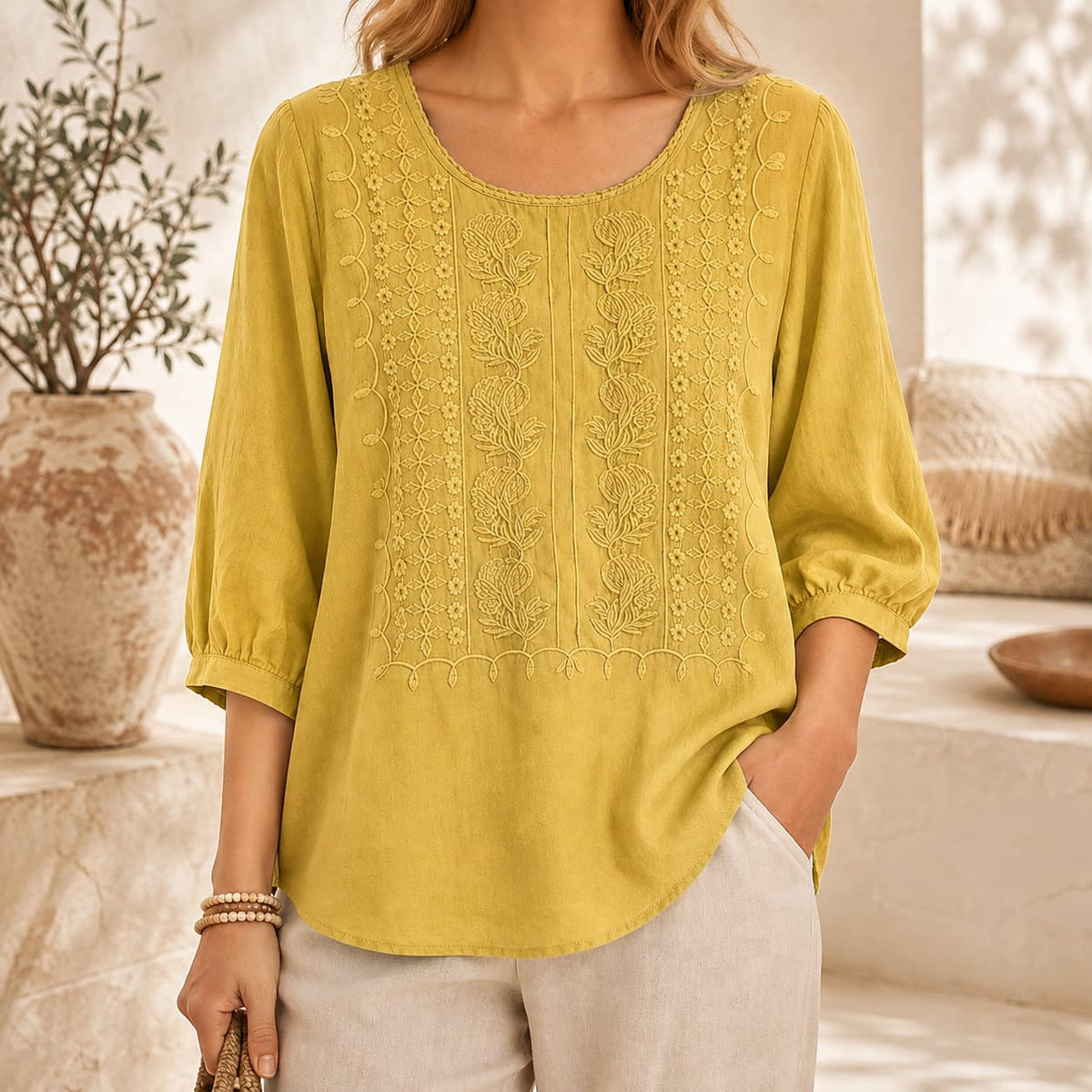 Linen Blouses for Women – 3/4 Sleeve Boho Embroidered Tops