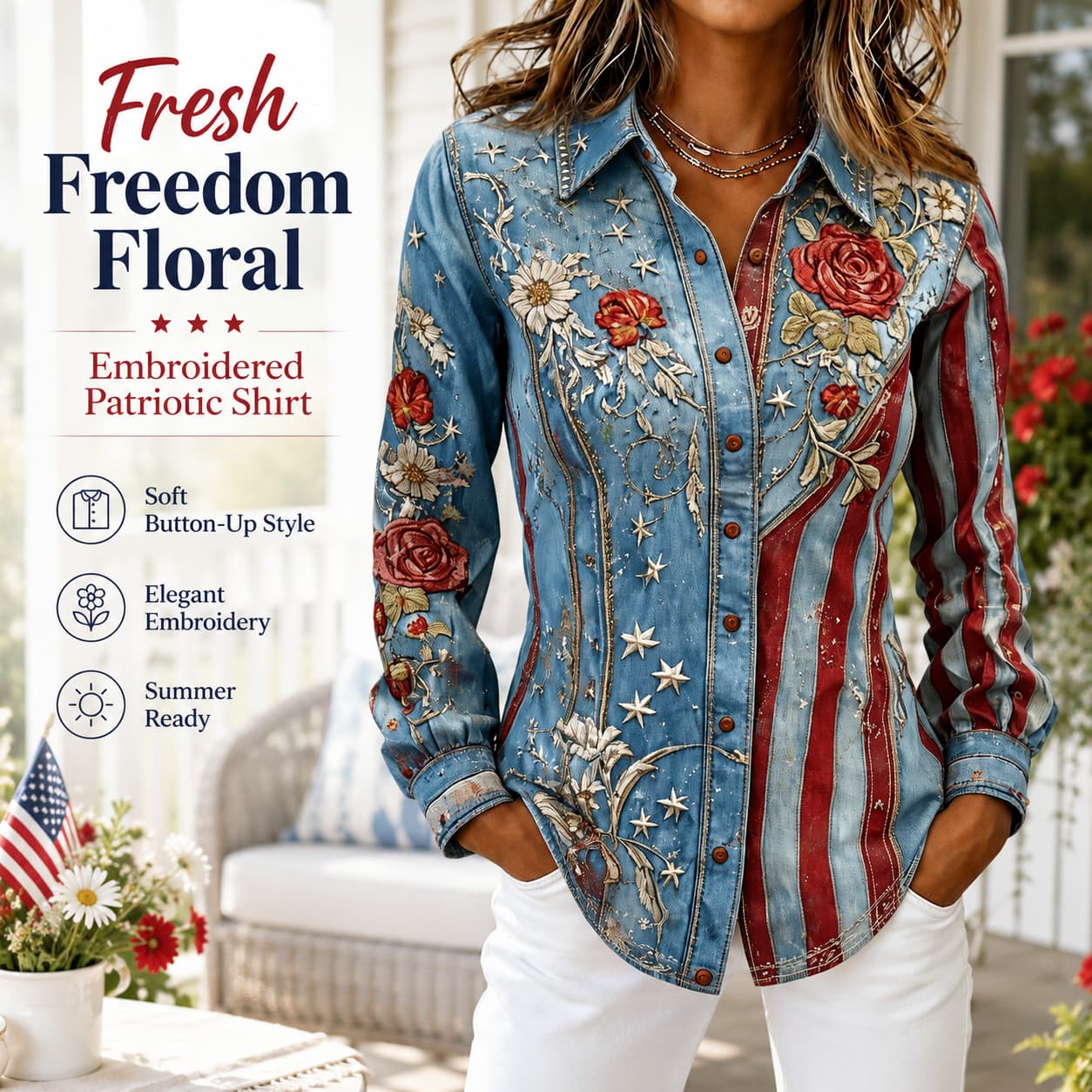 USA 250th Anniversary Embroidered Floral Long‑Sleeve Shirt for Women