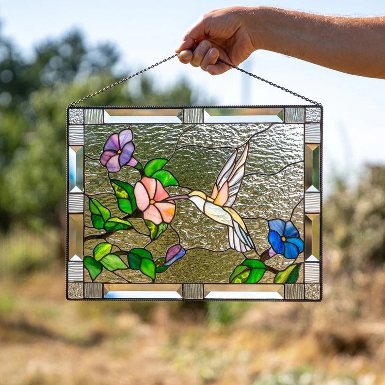 Stained Glass Birds on Window Panel