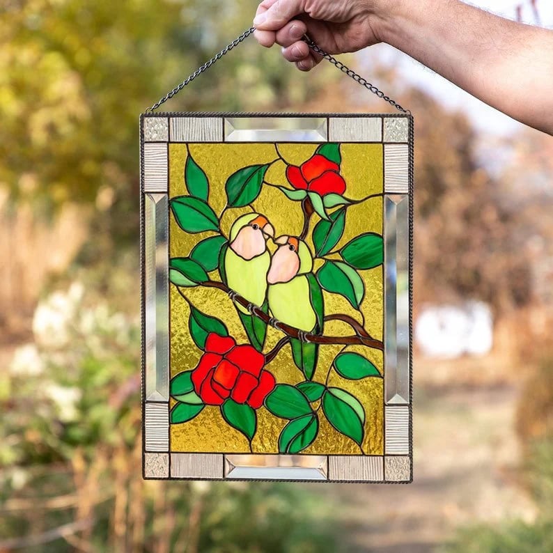 Stained Glass Birds on Window Panel