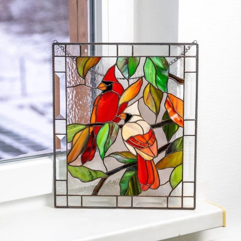 Stained Glass Birds on Window Panel