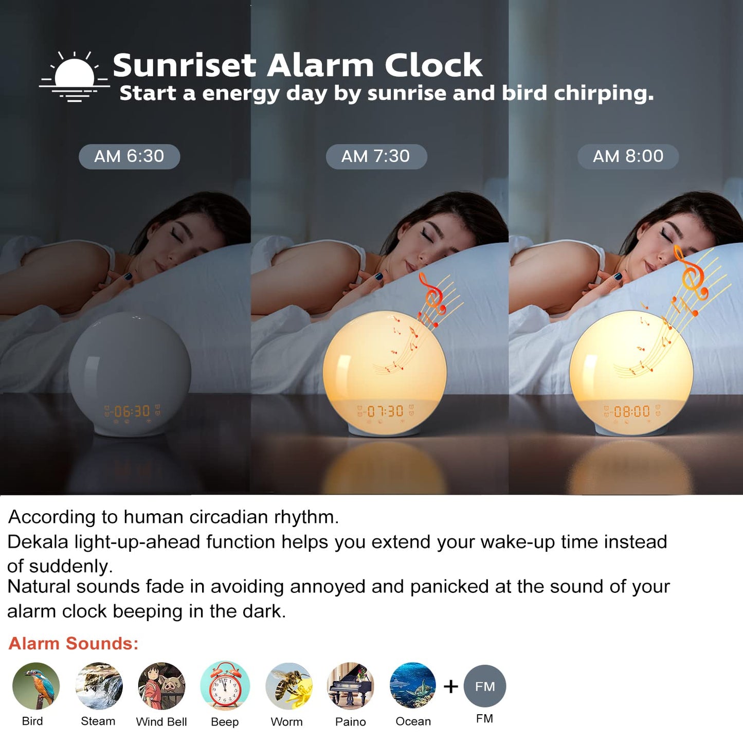 Sunlight Alarm Clock Radio with Sound Machine for Heavy Sleeper