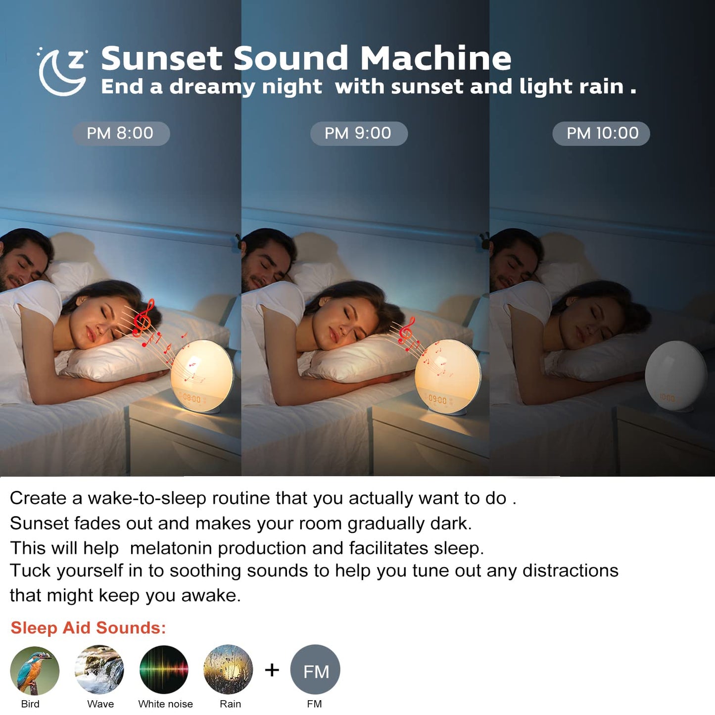 Sunlight Alarm Clock Radio with Sound Machine for Heavy Sleeper