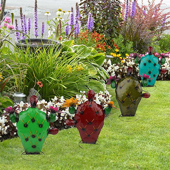 Metal Cactus Yard Art Decor Colorful Hand Painted Garden Metal Art