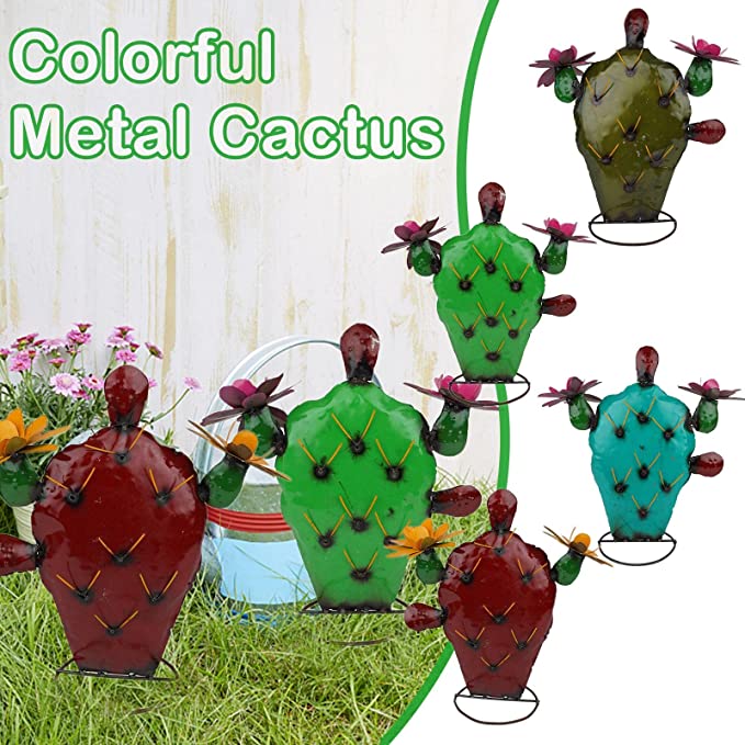 Metal Cactus Yard Art Decor Colorful Hand Painted Garden Metal Art
