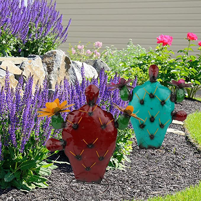 Metal Cactus Yard Art Decor Colorful Hand Painted Garden Metal Art
