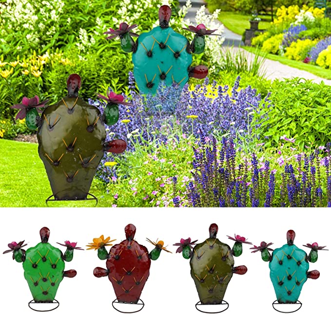 Metal Cactus Yard Art Decor Colorful Hand Painted Garden Metal Art