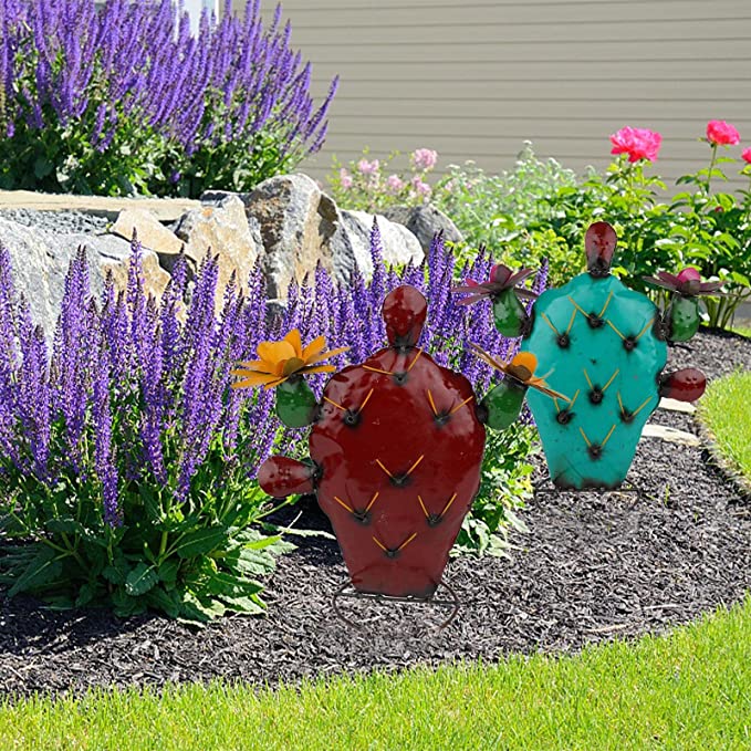 Metal Cactus Yard Art Decor Colorful Hand Painted Garden Metal Art