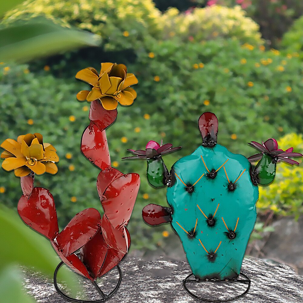 Metal Cactus Yard Art Decor Colorful Hand Painted Garden Metal Art