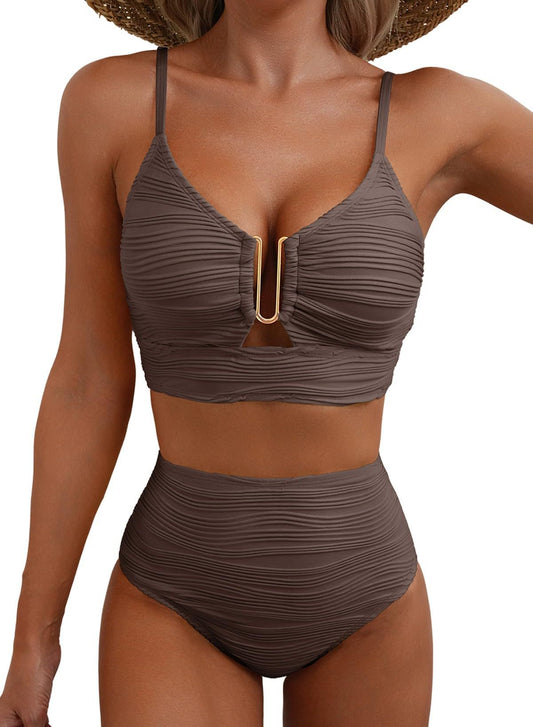 Yifare High-Waisted Textured Solid Color Swimsuit