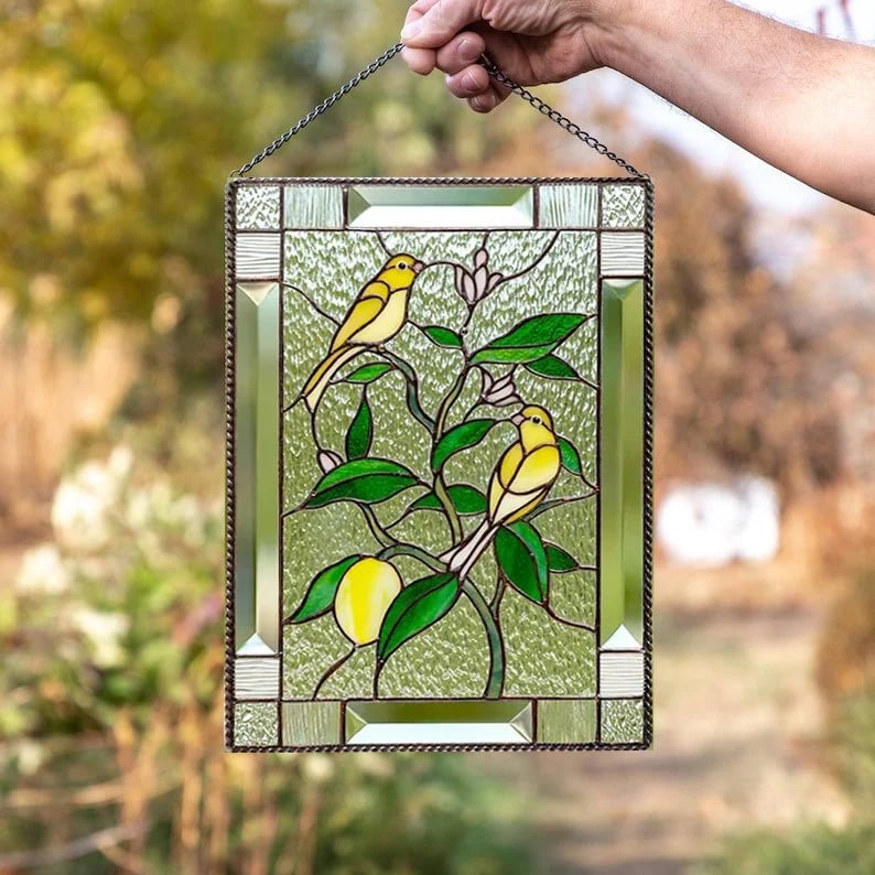 Stained Glass Birds on Window Panel