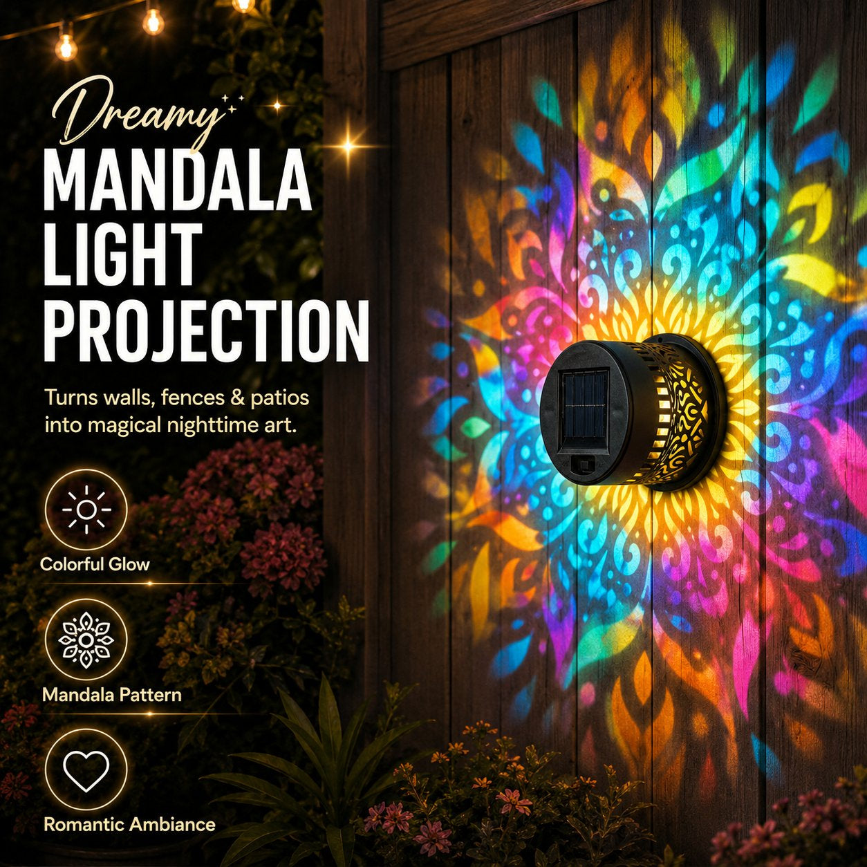 🌞 50% OFF NOW! 🌀 Solar Mandala Light – Stunning Pattern Projection, 2-in-1 Floor & Wall Design & IP65 Waterproof Auto On/Off 🌿