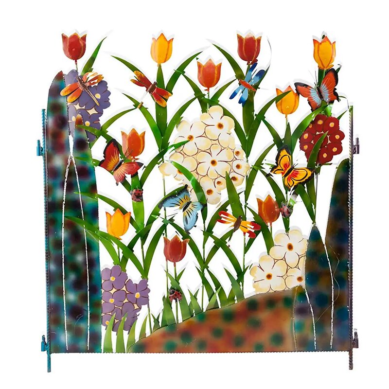 Bunter dreiteiliger Gartenparavent aus Metall mit Schmetterlings- und Blumenmotiv