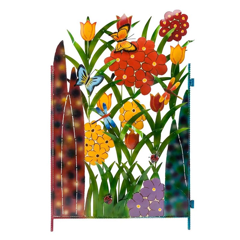 Bunter dreiteiliger Gartenparavent aus Metall mit Schmetterlings- und Blumenmotiv