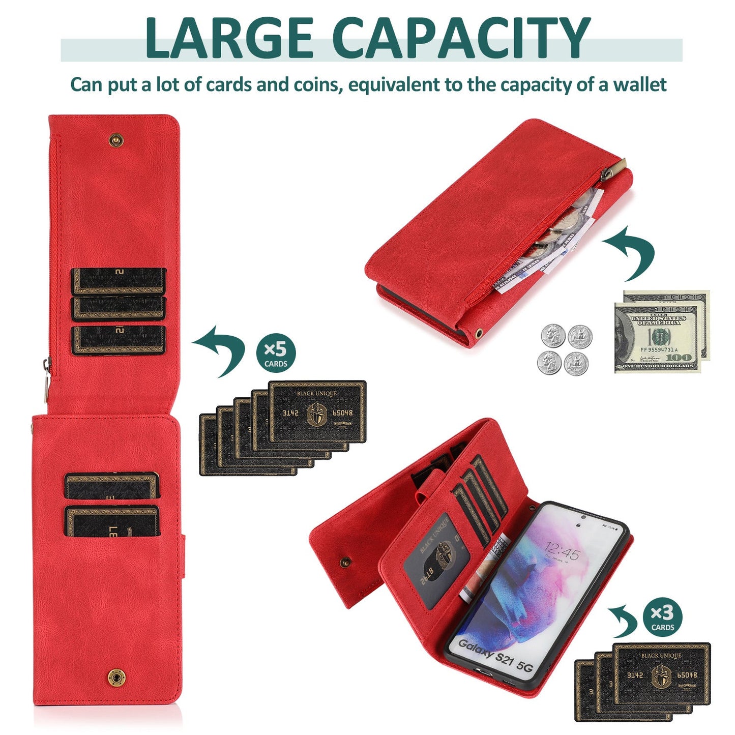 Étui en cuir à fermeture éclair multi-cartes avec toucher de peau de luxe pour la série Samsung