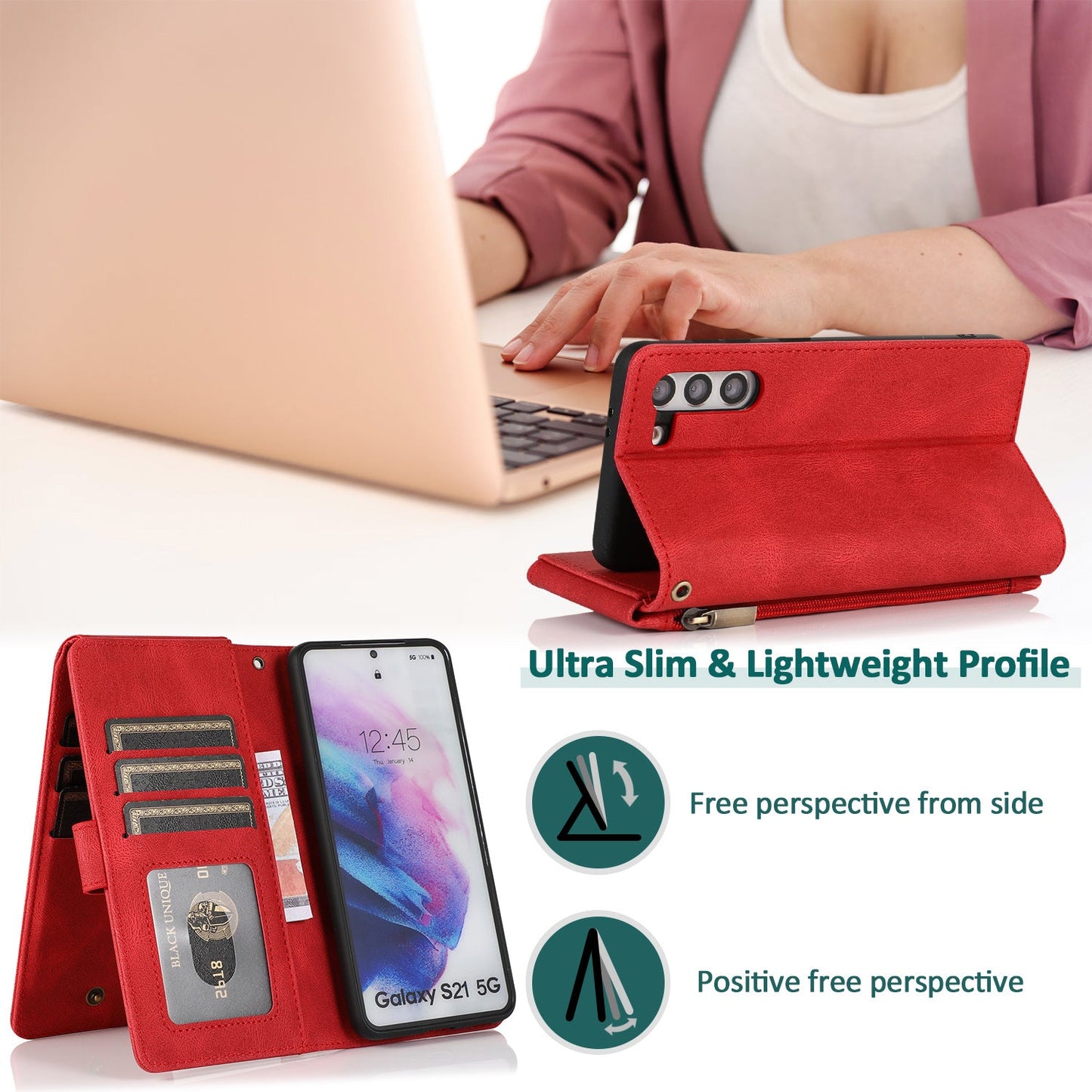 Étui en cuir à fermeture éclair multi-cartes avec toucher de peau de luxe pour la série Samsung