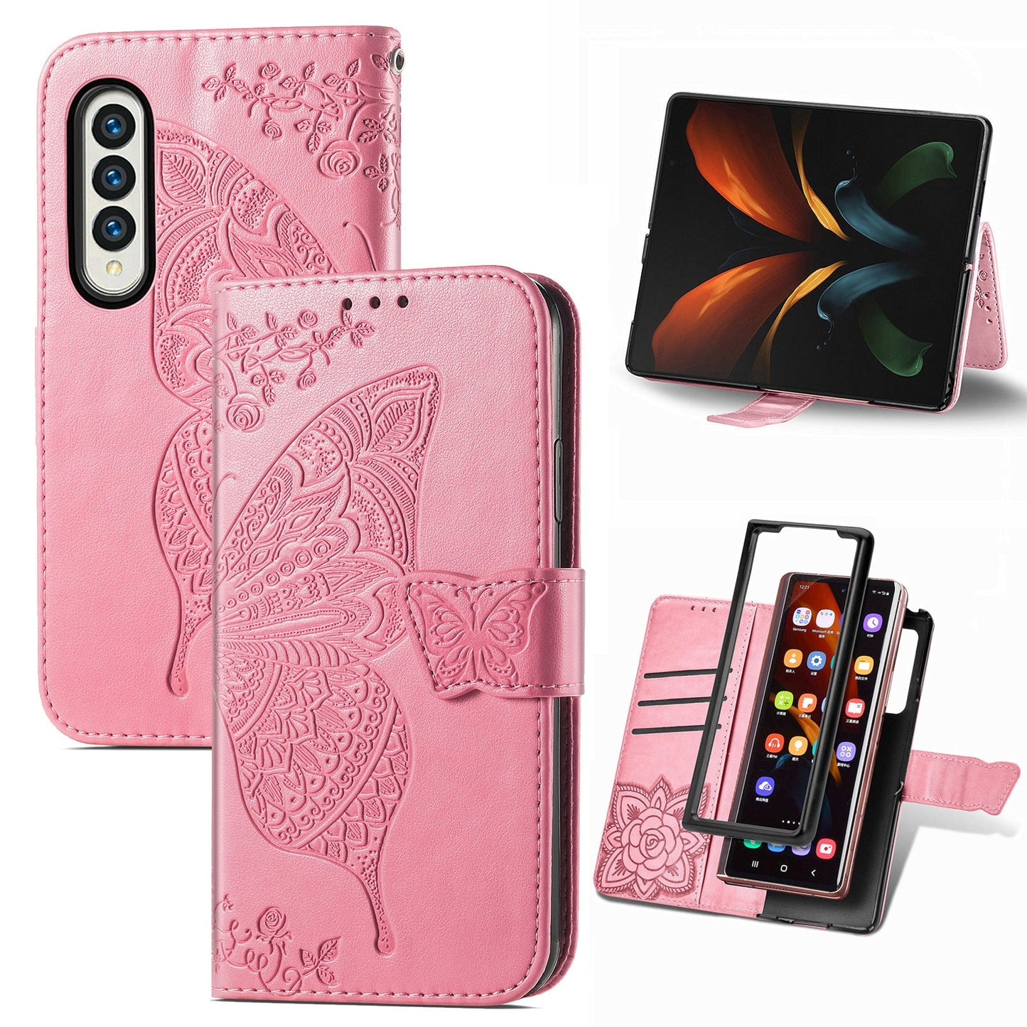 Étui Portefeuille en Cuir Papillon Gaufré de Luxe pour Samsung Galaxy Z Fold3 5G