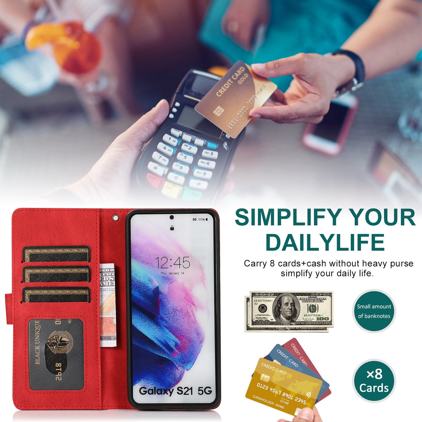 Étui en cuir à fermeture éclair multi-cartes avec toucher de peau de luxe pour la série Samsung