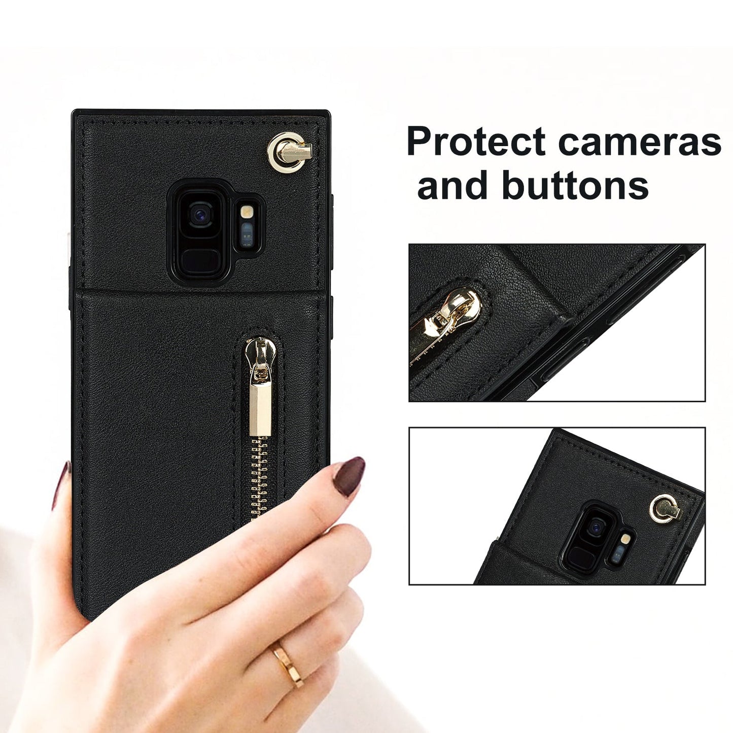 Nouvel étui de téléphone portefeuille à fermeture éclair en bandoulière pour Samsung S9