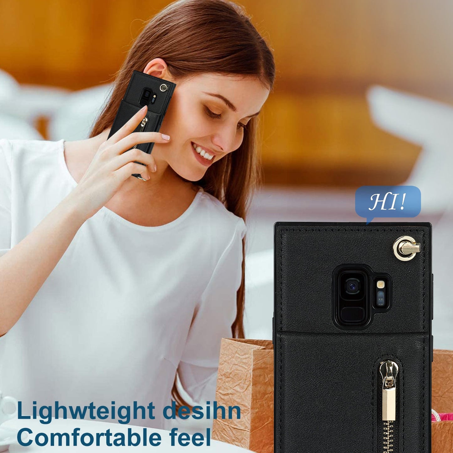 Nouvel étui de téléphone portefeuille à fermeture éclair en bandoulière pour Samsung S9