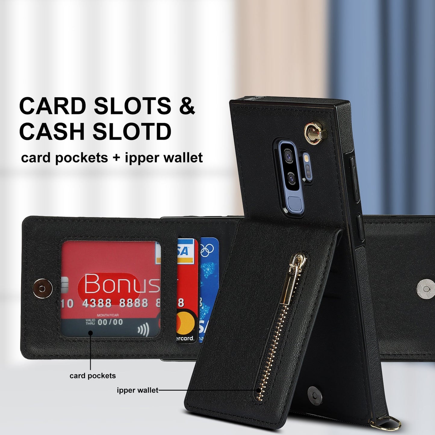 Nouvel étui de téléphone portefeuille à fermeture éclair en bandoulière pour Samsung S9 Plus