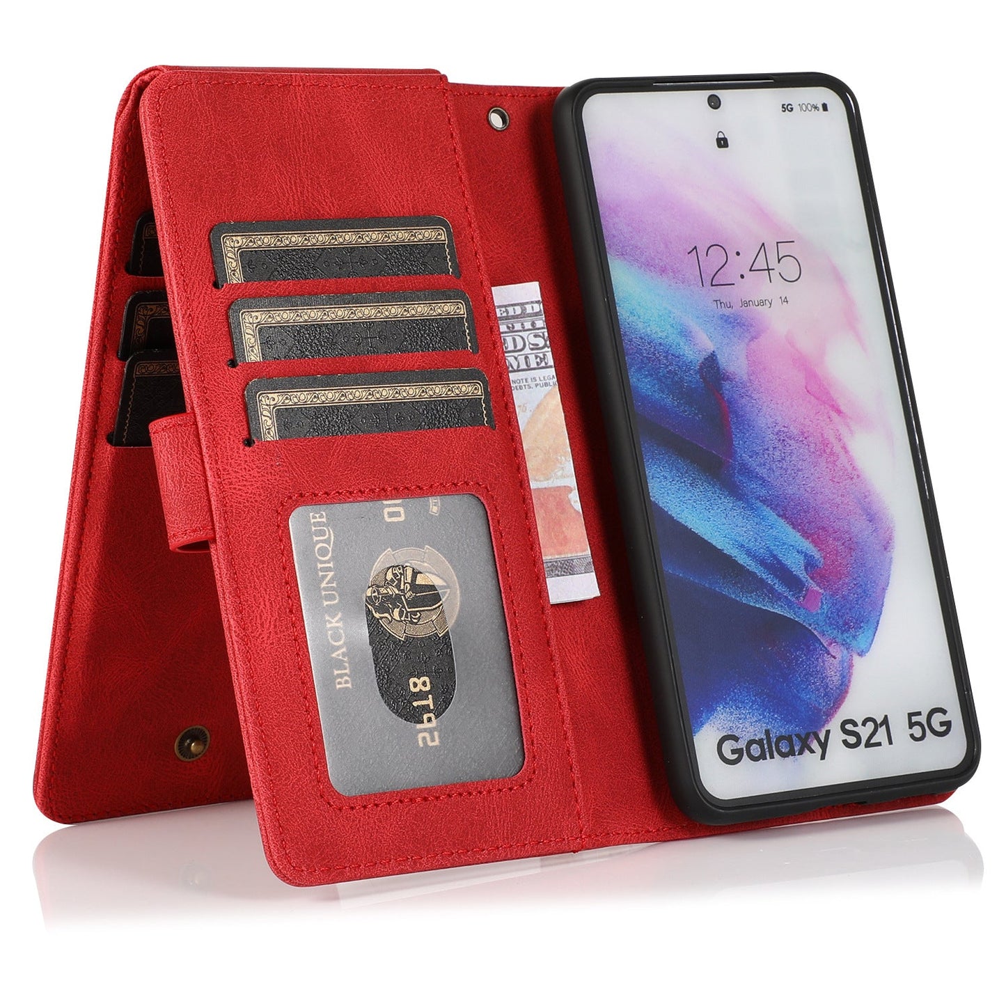 Étui en cuir à fermeture éclair multi-cartes avec toucher de peau de luxe pour la série Samsung