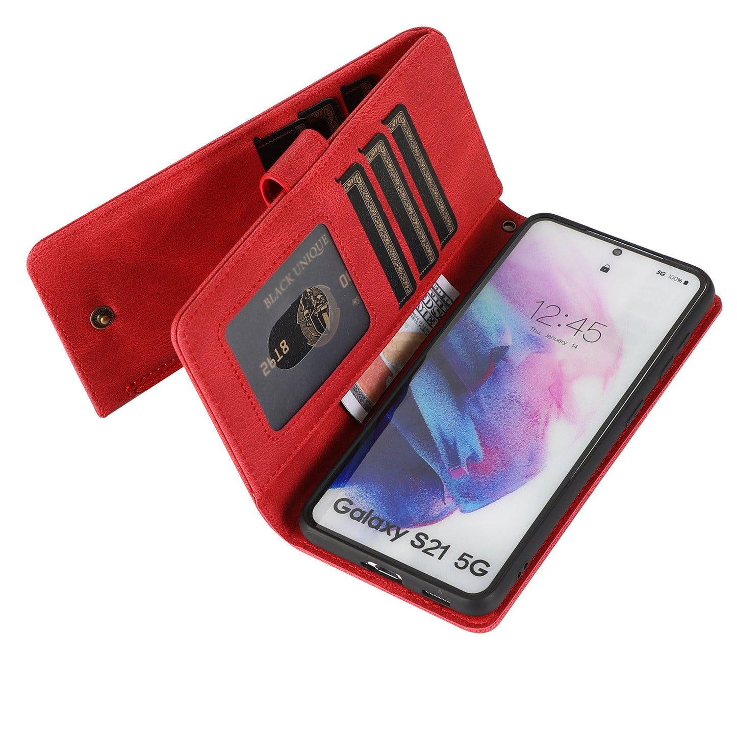 Étui en cuir à fermeture éclair multi-cartes avec toucher de peau de luxe pour la série Samsung