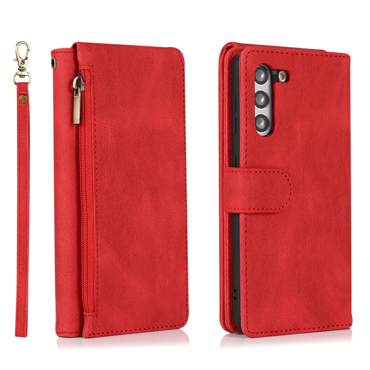 Étui en cuir à fermeture éclair multi-cartes avec toucher de peau de luxe pour la série Samsung