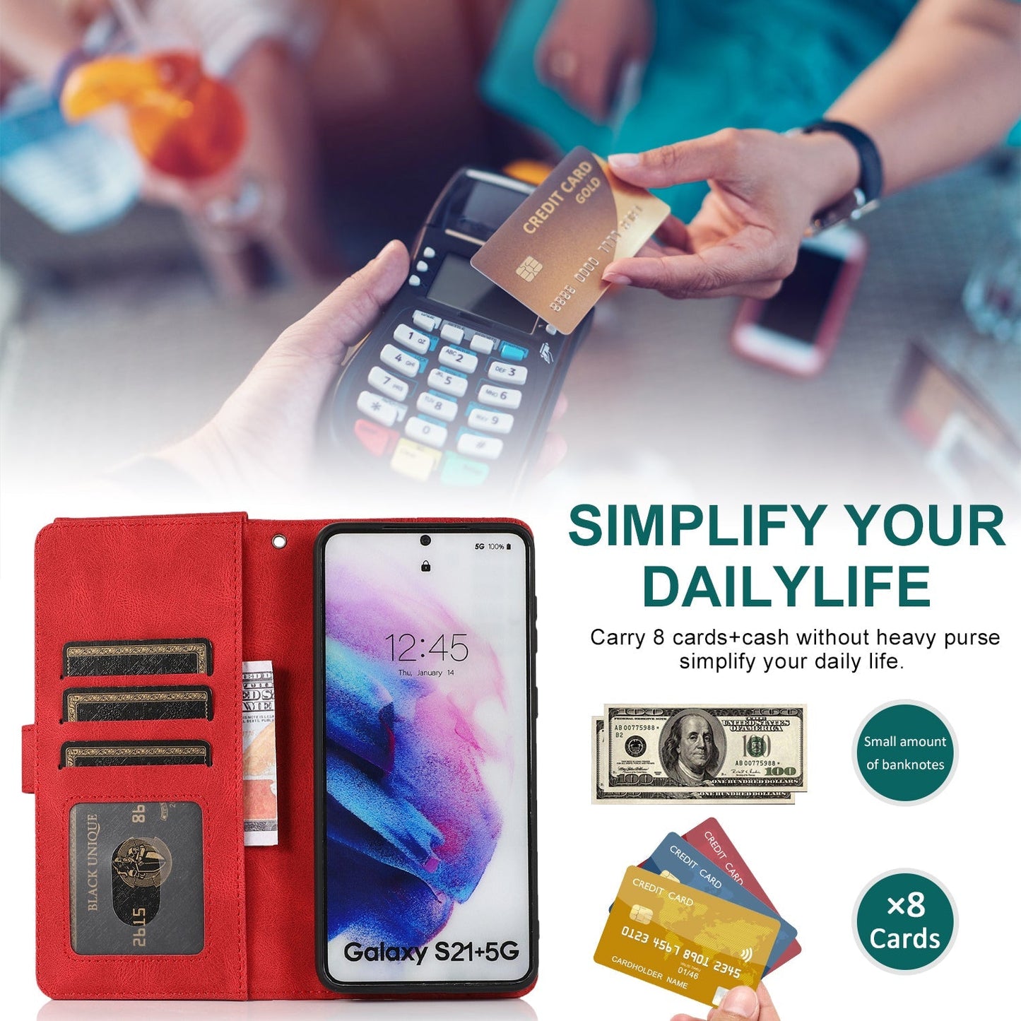 Étui en cuir à fermeture éclair multi-cartes, toucher luxueux, pour Samsung S21FE