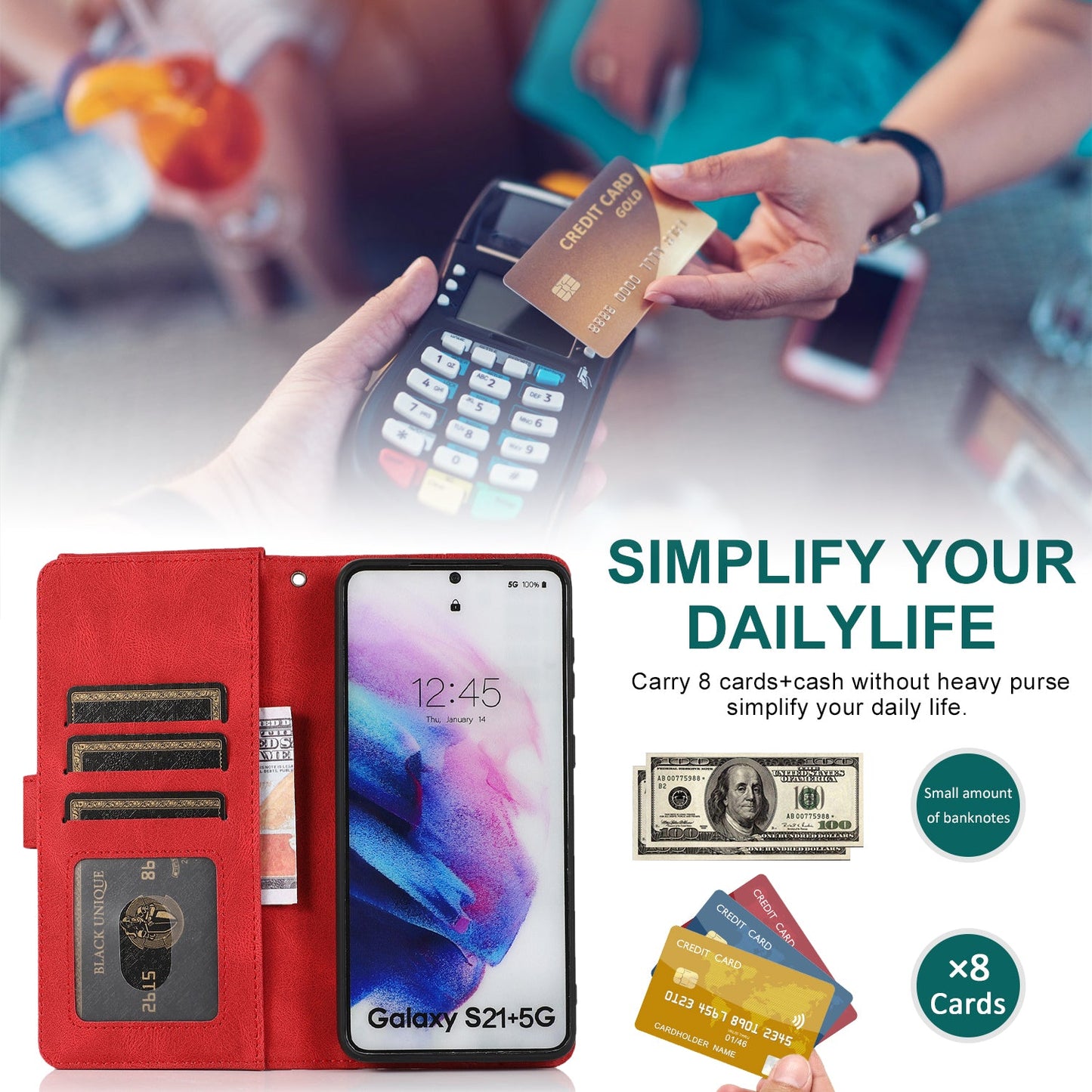 Étui en cuir de luxe avec fermeture éclair et emplacements pour cartes multiples pour Samsung S21