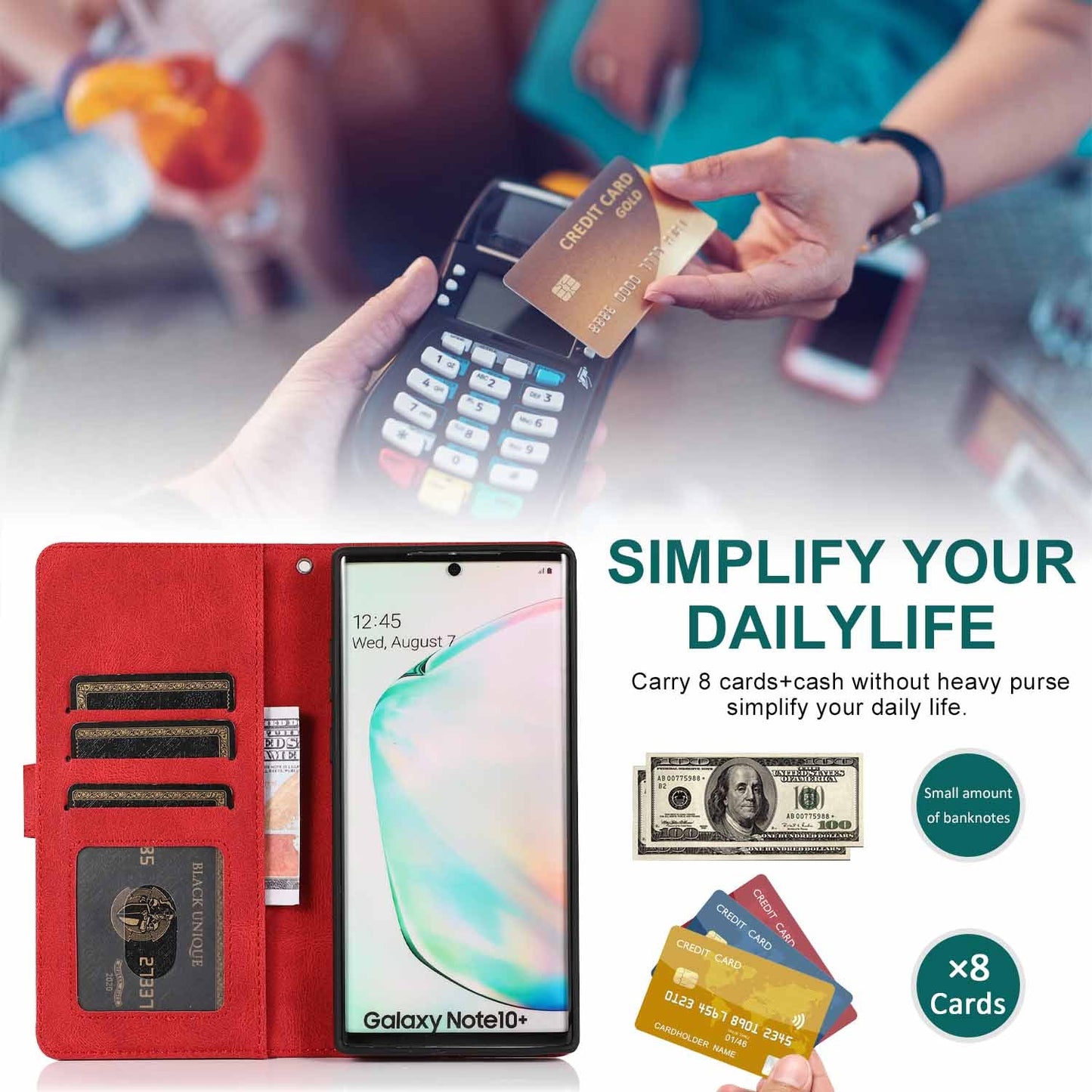 Étui en Cuir de Luxe Multi-cartes à Fermeture Éclair pour Samsung Note10 Plus