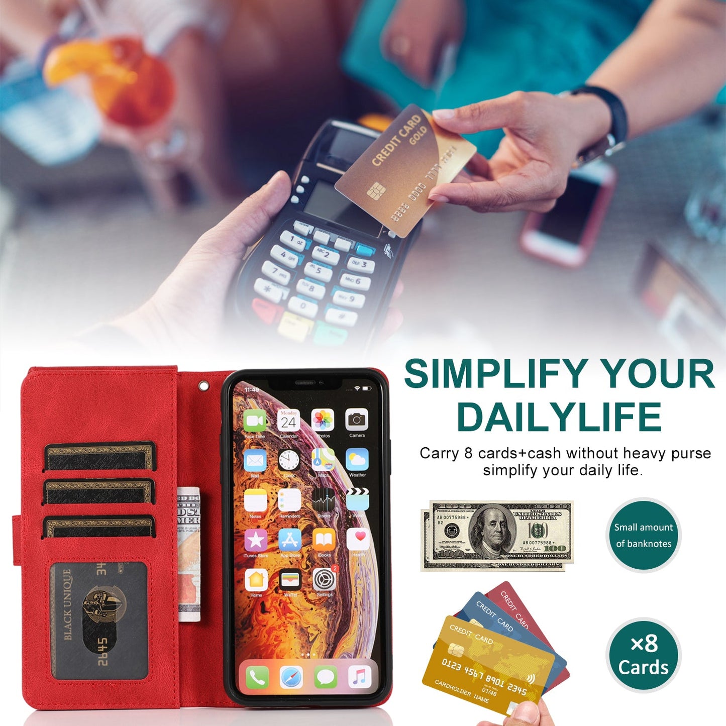 Étui en cuir de luxe à fermeture éclair et porte-cartes pour iPhone X/XS