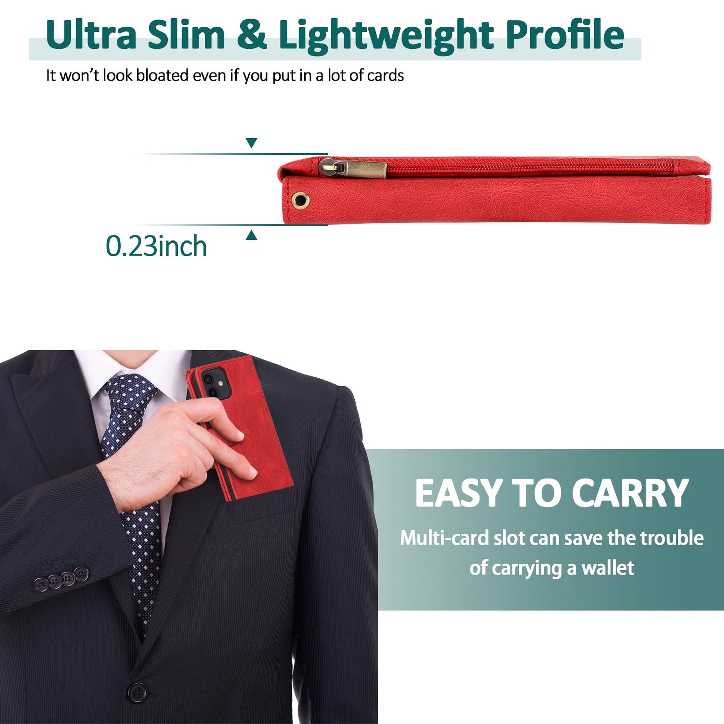 Luxury Skin Feel Multi-card Zipper Leather Case For iPhone
