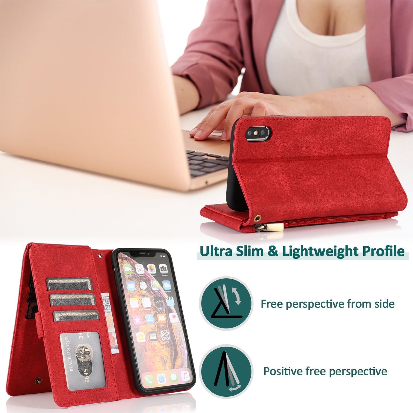 Étui en cuir de luxe à fermeture éclair et porte-cartes pour iPhone X/XS