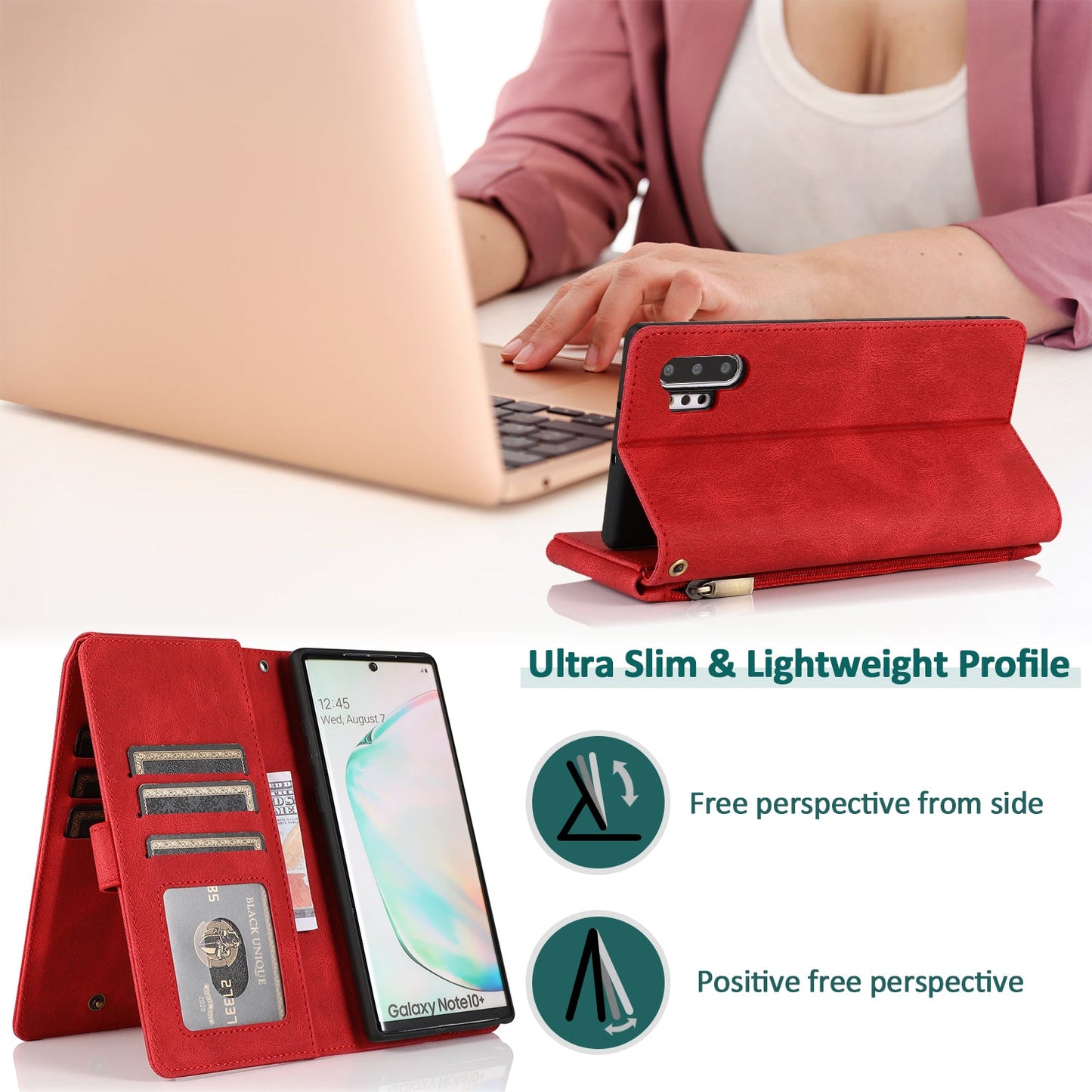 Étui en Cuir de Luxe Multi-cartes à Fermeture Éclair pour Samsung Note10 Plus